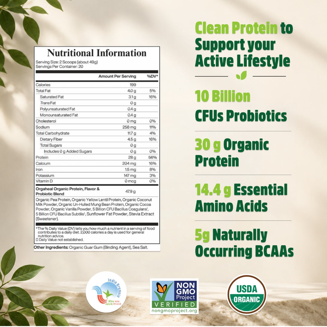 Orgaheal organic unflavored protein nutritional information label with 30g protein and 10 billion CFU probiotics