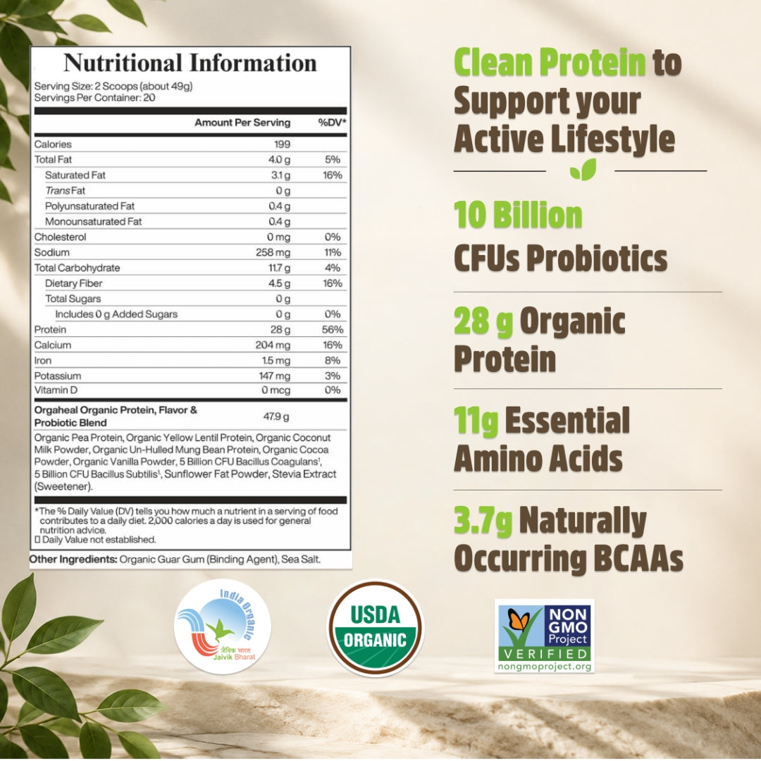 Orgaheal organic protein nutritional information label with 28g protein and 10 billion CFU probiotics
