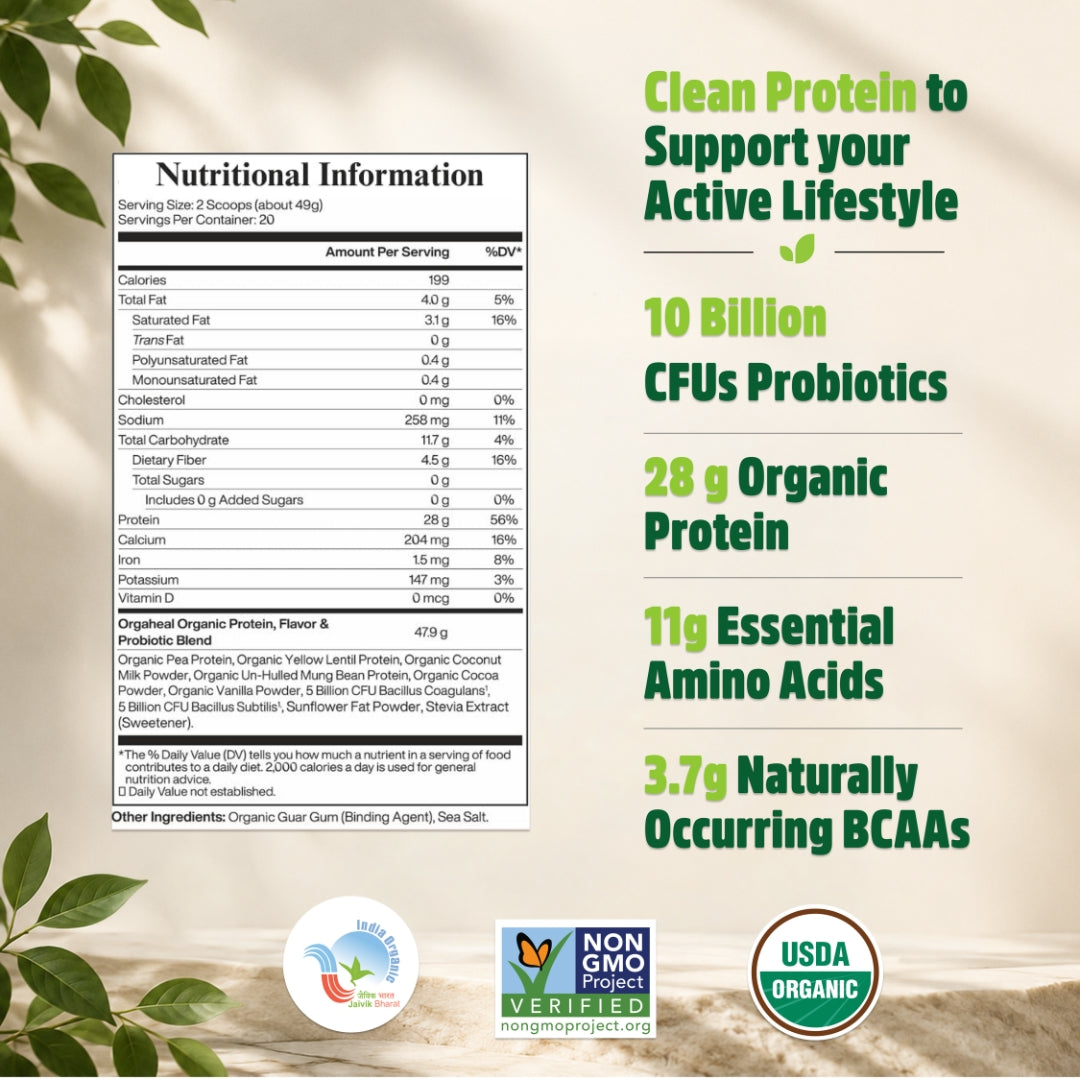 Orgaheal chocolate plant protein nutritional information label with 28g protein and 10 billion CFU probiotics