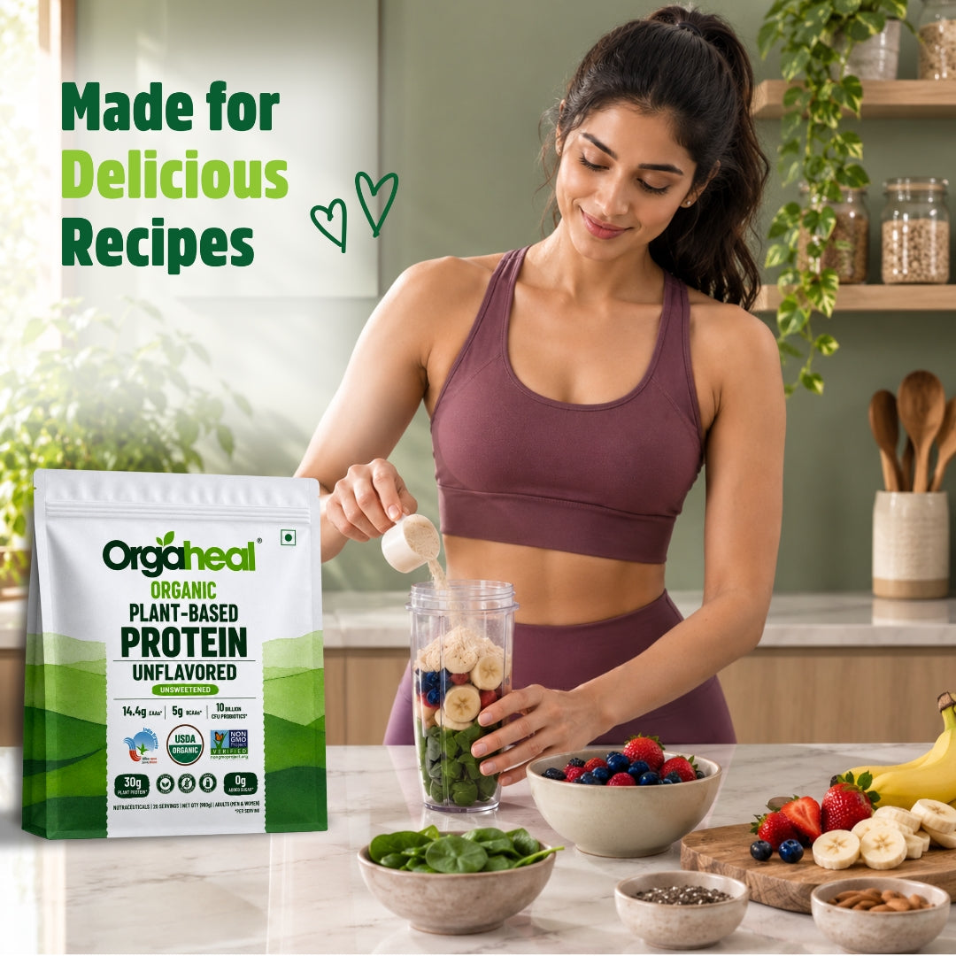 Orgaheal unflavored plant-based protein powder made for delicious smoothie recipes with fresh fruits