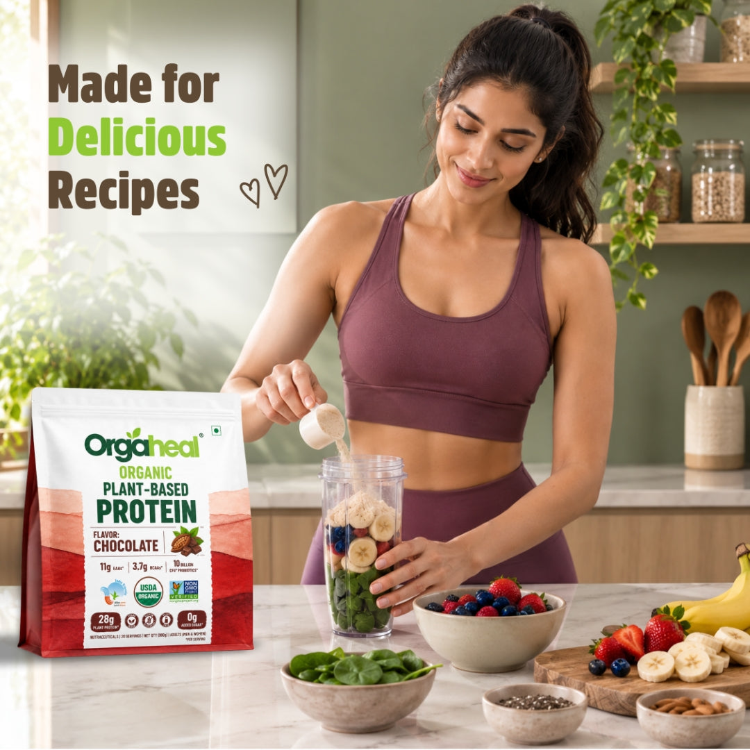 Orgaheal chocolate plant-based protein powder made for delicious smoothie recipes with fresh fruits