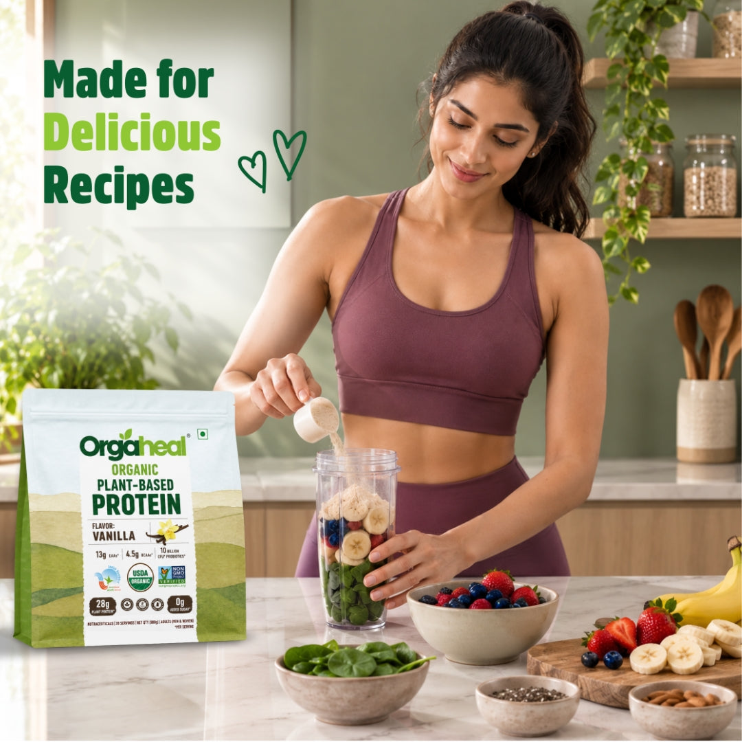 Orgaheal vanilla plant-based protein powder made for delicious smoothie recipes with fresh fruits