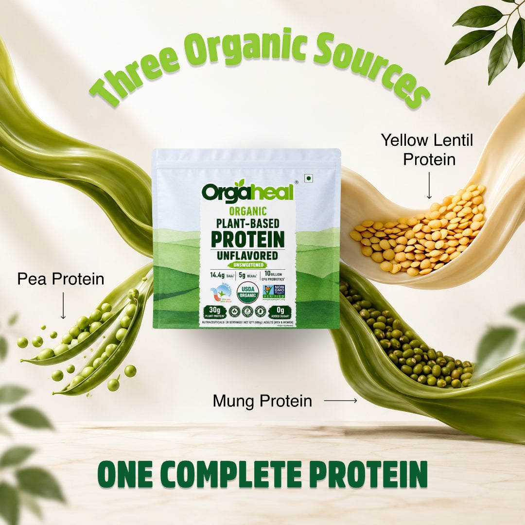 Orgaheal unflavored plant protein powder with three organic sources pea yellow lentil and mung protein