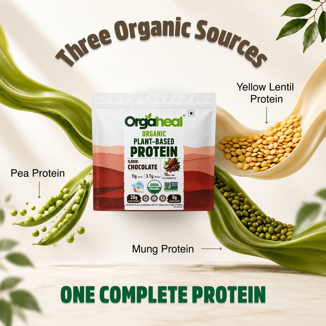 Orgaheal chocolate plant protein powder with three organic sources pea yellow lentil and mung protein