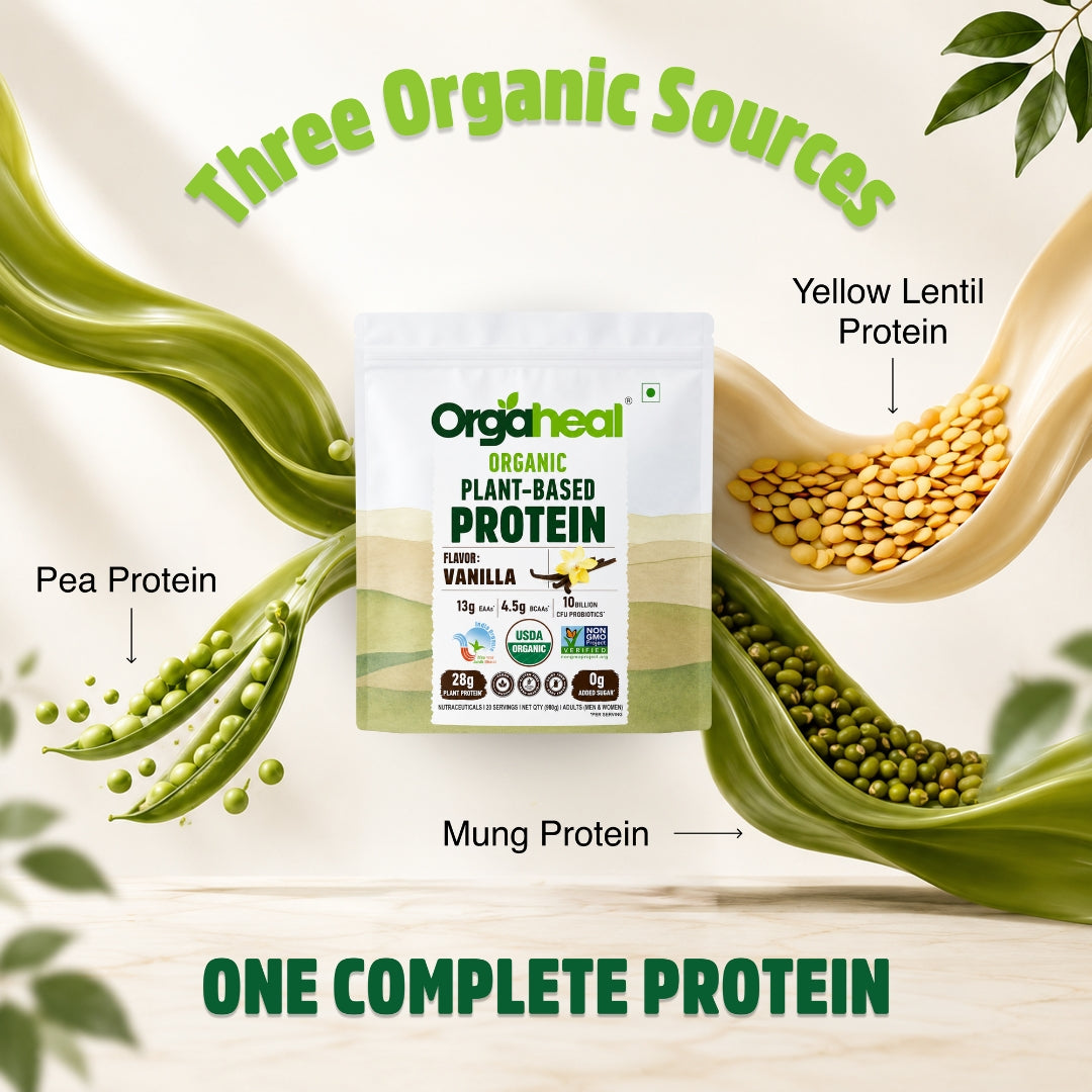 Orgaheal vanilla plant protein powder with three organic sources pea yellow lentil and mung protein