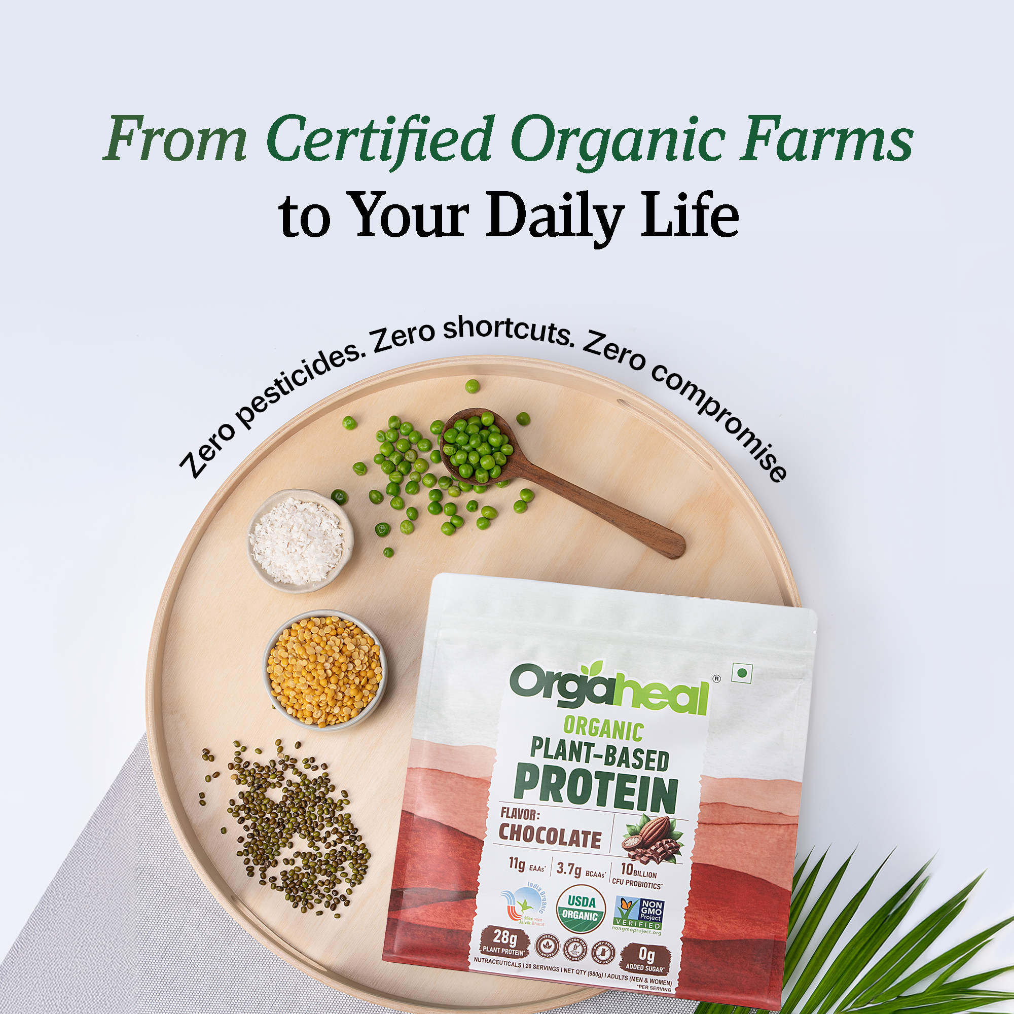 Orgaheal organic plant-based protein package on a wooden plate with peas and seeds, on a light gray background.