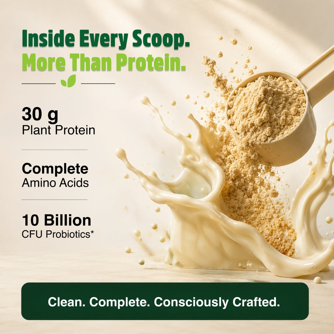 Orgaheal unflavored plant protein scoop with 30g protein complete amino acids and 10 billion CFU probiotics