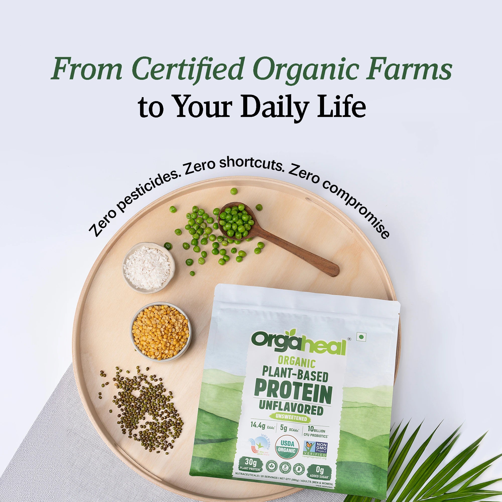 Graphic showing the farm-to-formula process of organically sourced plant ingredients for Orgaheal protein.