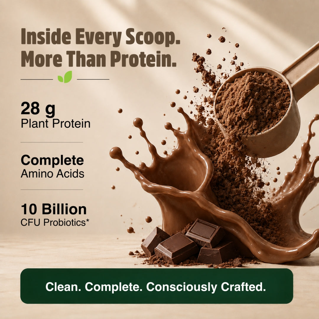 Orgaheal chocolate plant protein scoop with 28g protein complete amino acids and 10 billion CFU probiotics