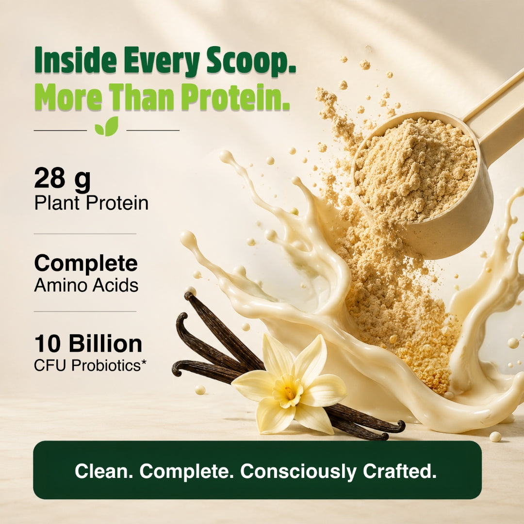 Orgaheal vanilla plant protein scoop with 28g protein complete amino acids and 10 billion CFU probiotics