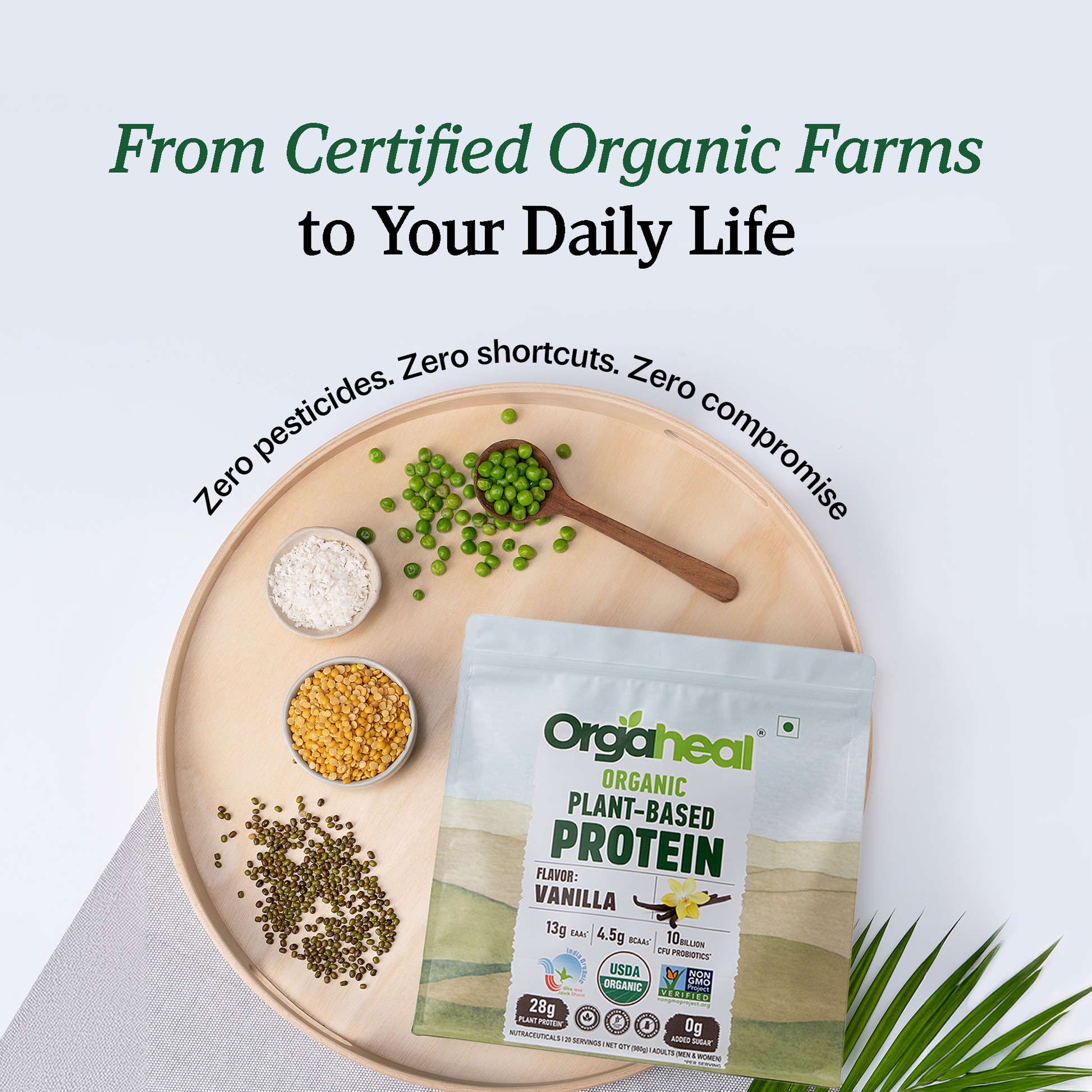 Organeal organic plant-based protein package on a wooden plate with peas and seeds, on a light gray background.