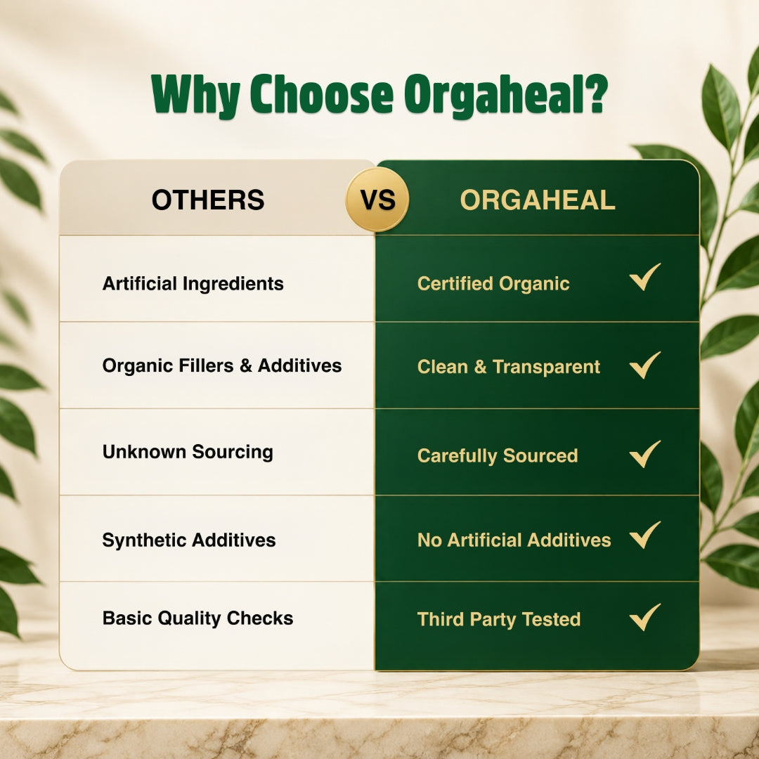Why choose Orgaheal comparison chart certified organic clean transparent carefully sourced third party tested