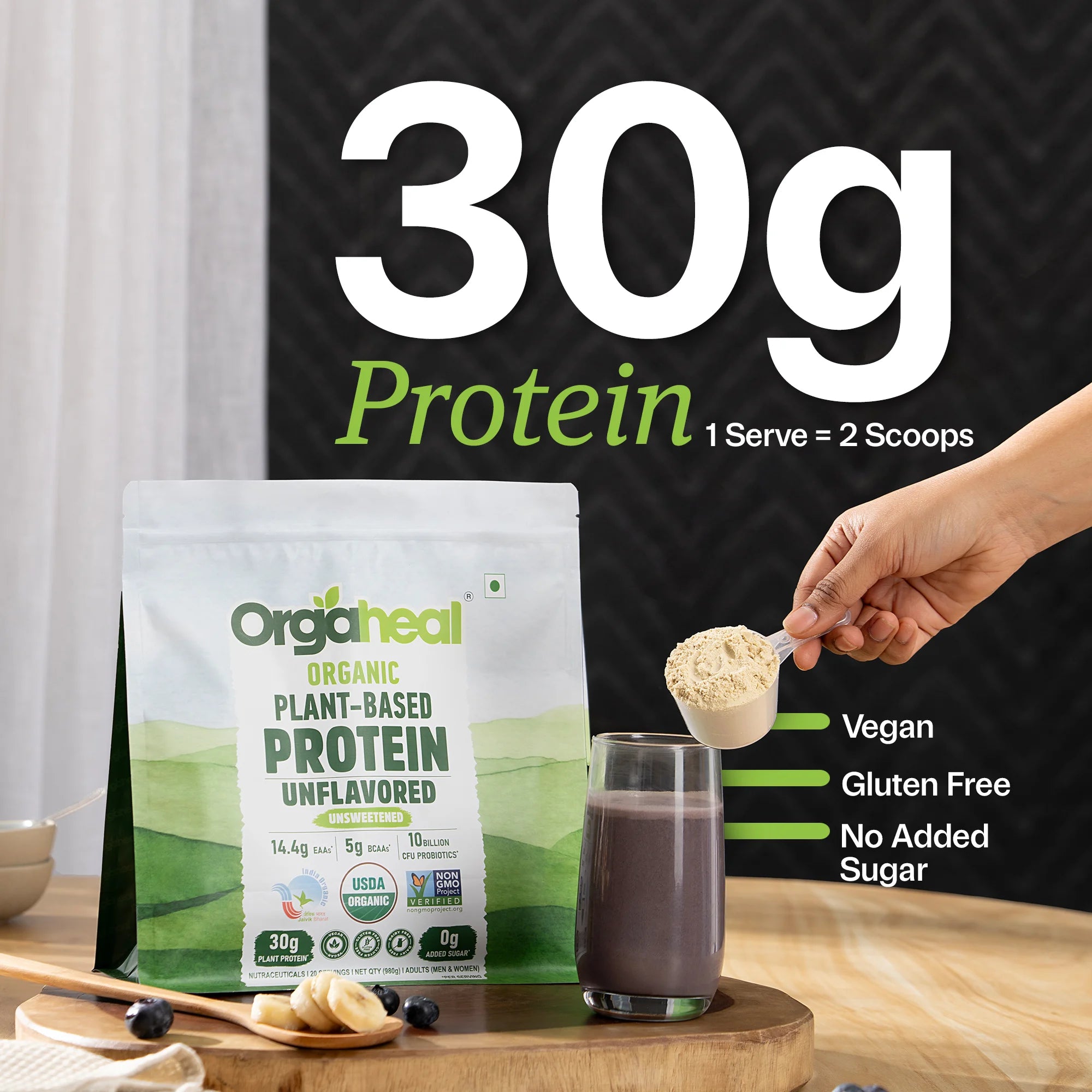 Serving size diagram illustrating 30g of plant protein per scoop for men and women.