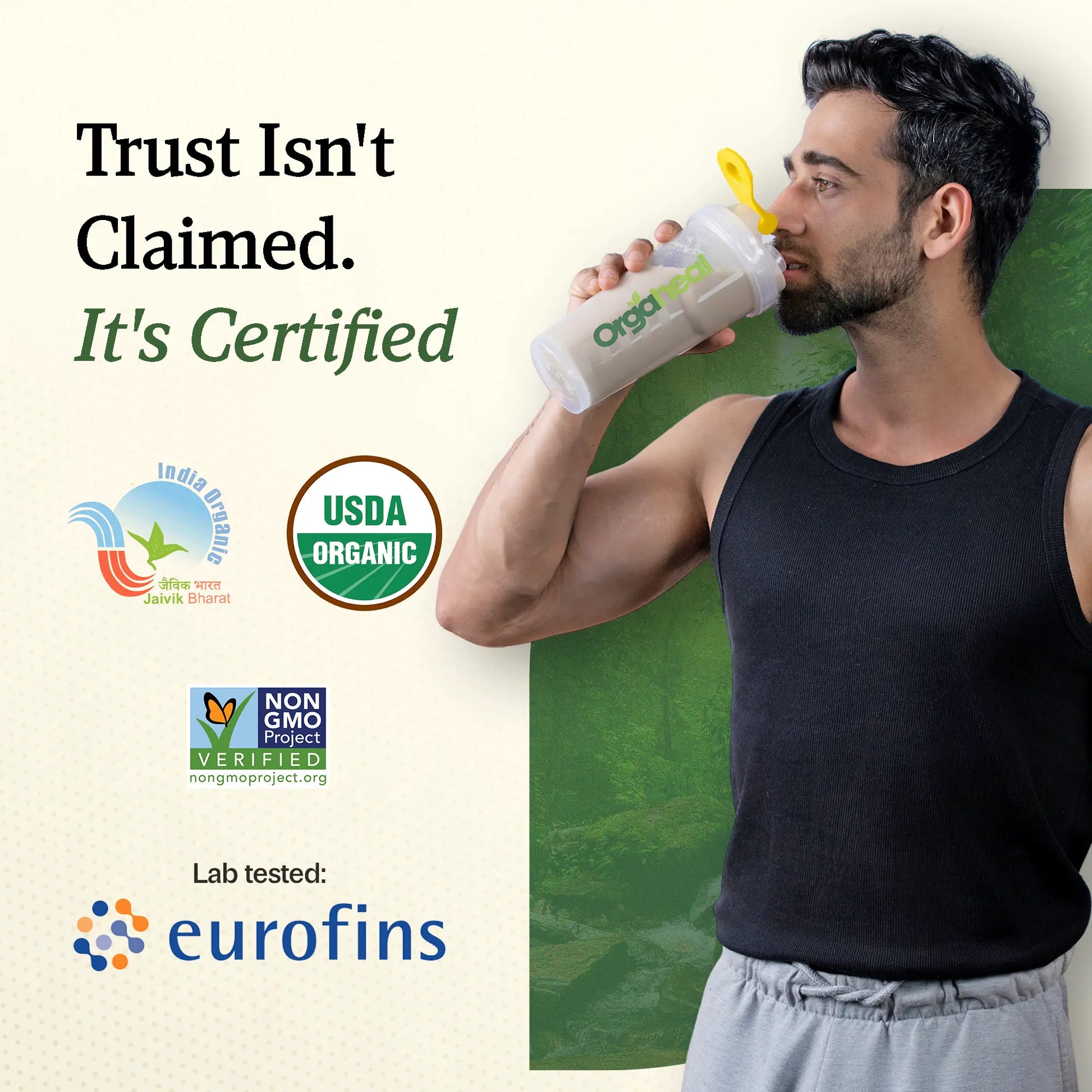 Official certification badges including USDA Organic and India Organic displayed for product trust.