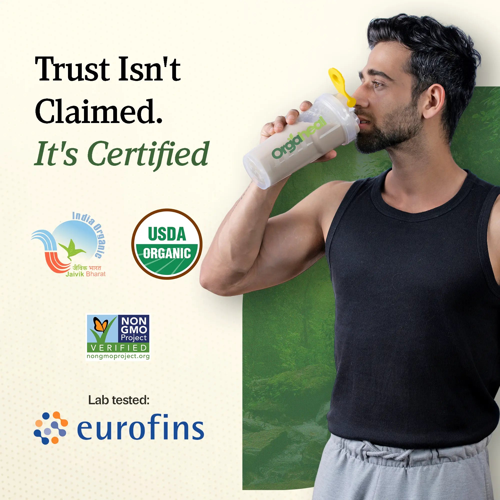 Official certification badges including USDA Organic and India Organic displayed for product trust.