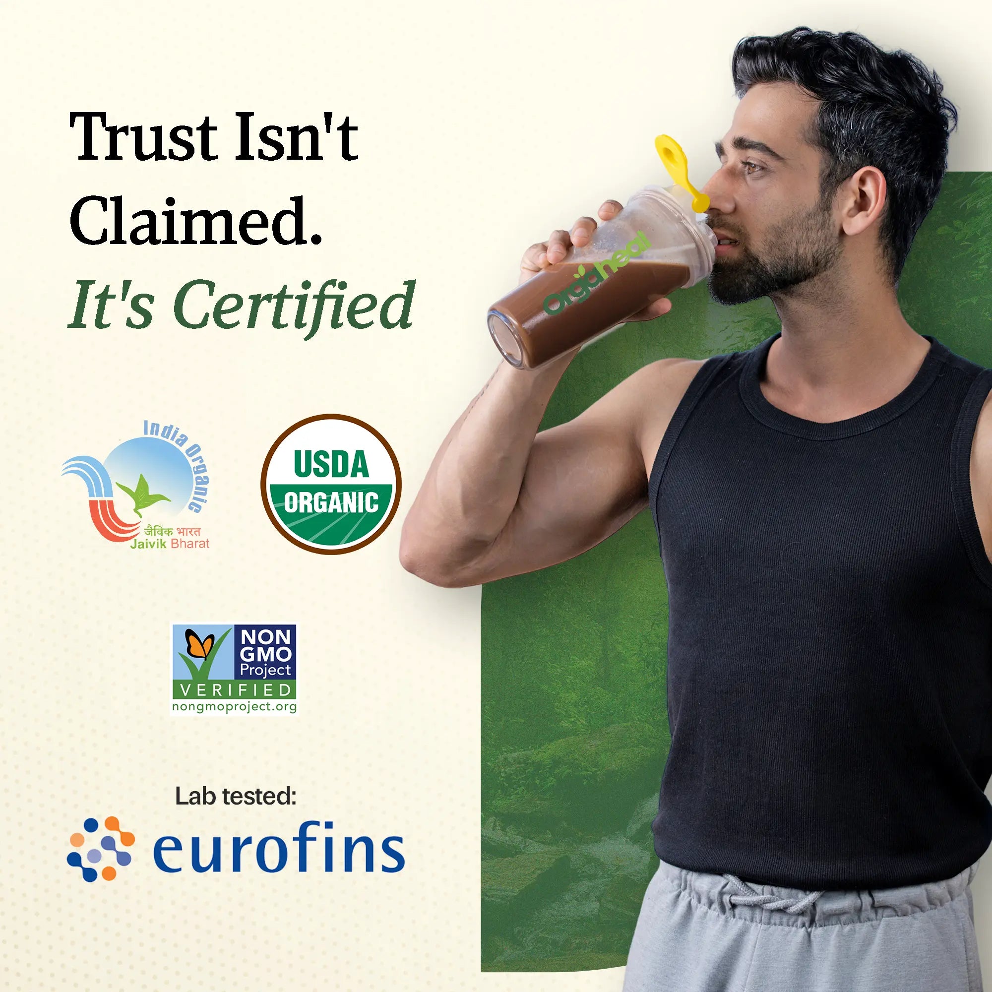 Man drinking a chocolate flavored protein supplimate with certification logos and Eurofins logo on a green background