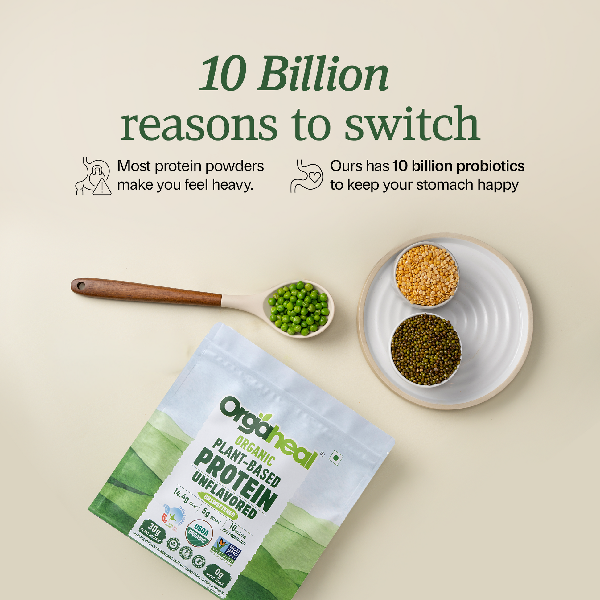 Digestive wellness graphic highlighting the 10 billion CFU probiotics blend for gut health. Reasons to switch
