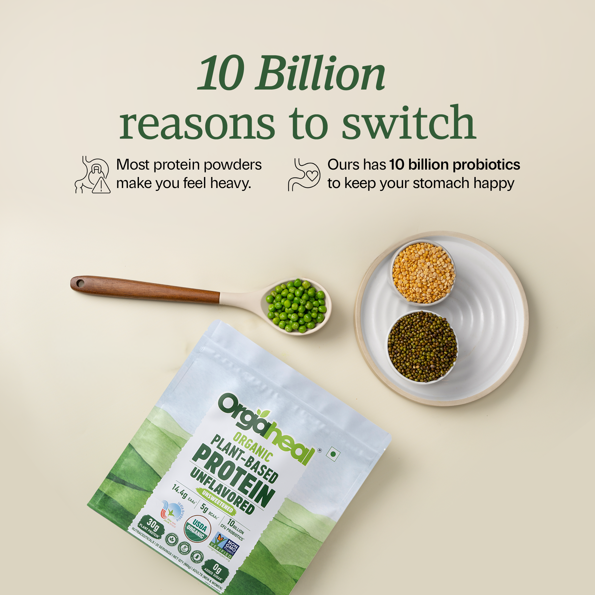 Digestive wellness graphic highlighting the 10 billion CFU probiotics blend for gut health. Reasons to switch