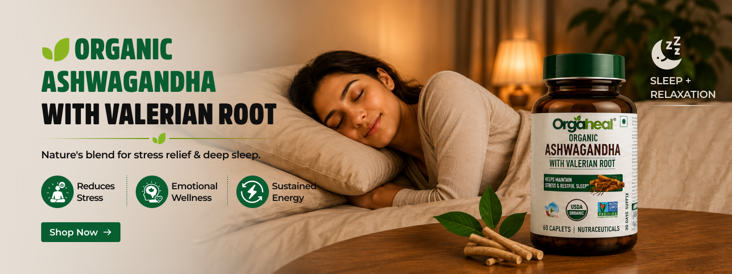 Orgaheal organic ashwagandha with valerian root banner for stress relief and restful sleep