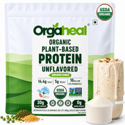 Orgaheal certified organic plant-based protein powder unflavored pouch, shown with a measuring scoop.