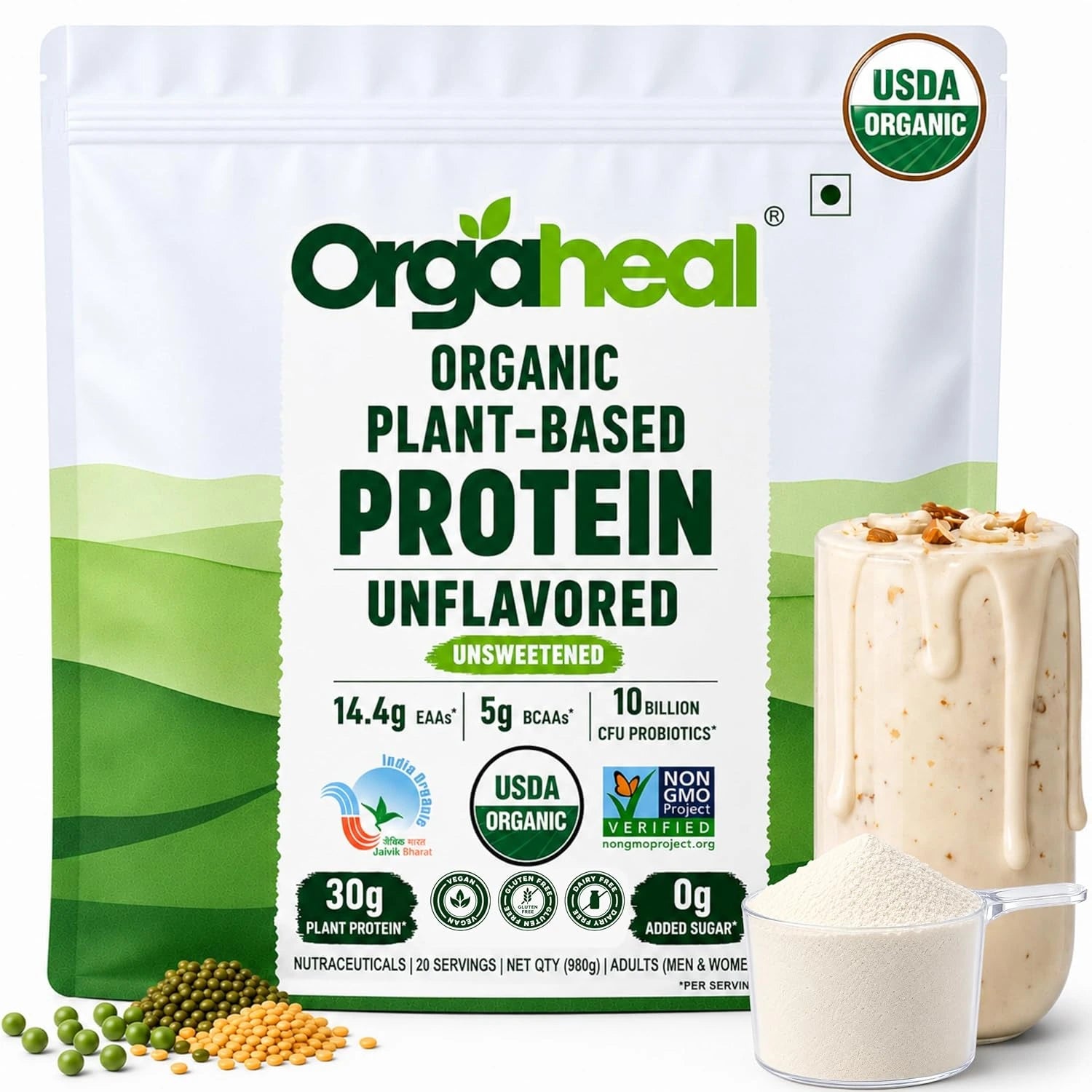 Orgaheal certified organic plant-based protein powder unflavored pouch, shown with a measuring scoop.