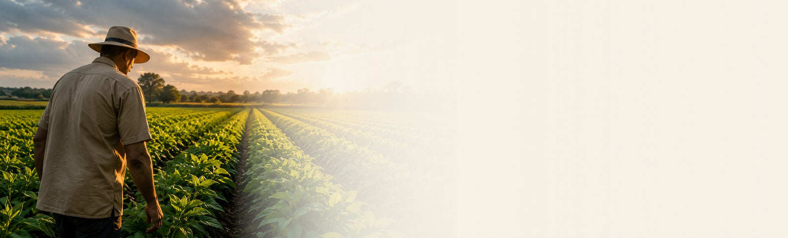 A man wearing a wide-brimmed hat and a light-colored shirt stands in a farm field at sunset, with rows of crops stretching into the distance and a bright sunlit sky on the right.