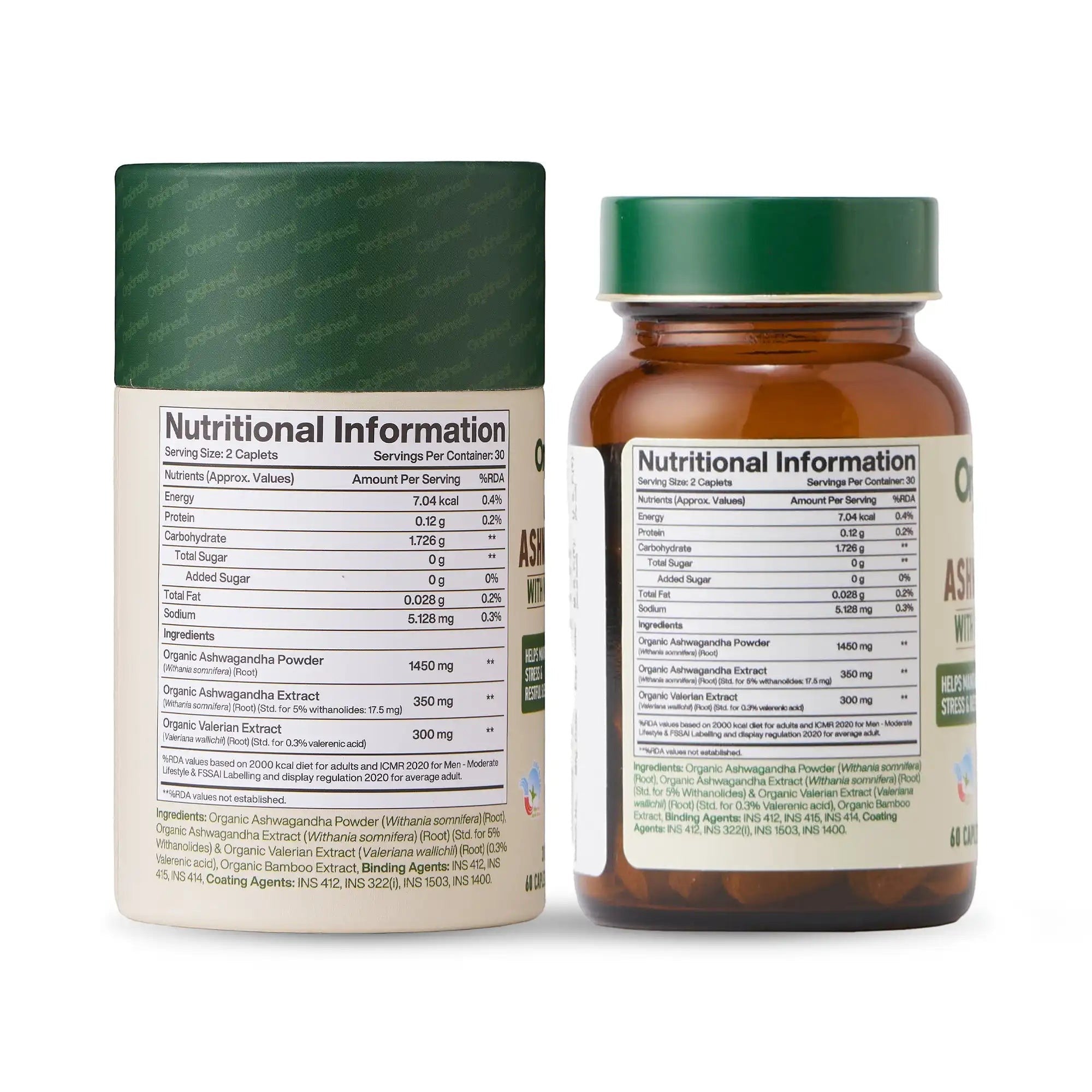 Orgaheal India Organic Ashwagandha with Valerian Root caplets bottle and packaging. Nutritional information visible.