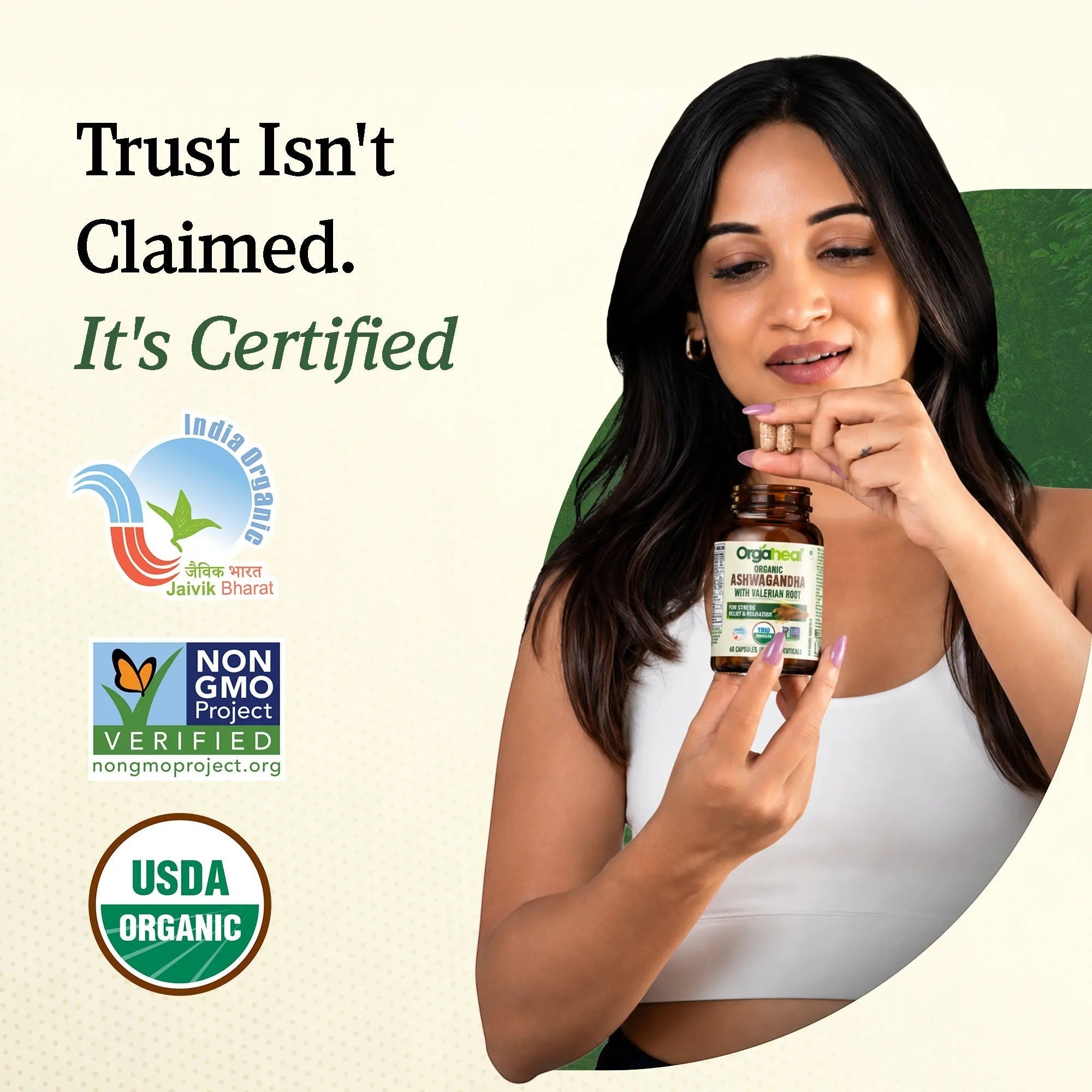 Orgaheal India Organic Ashwagandha with Valerian Root caplets for well-being and sleep support.