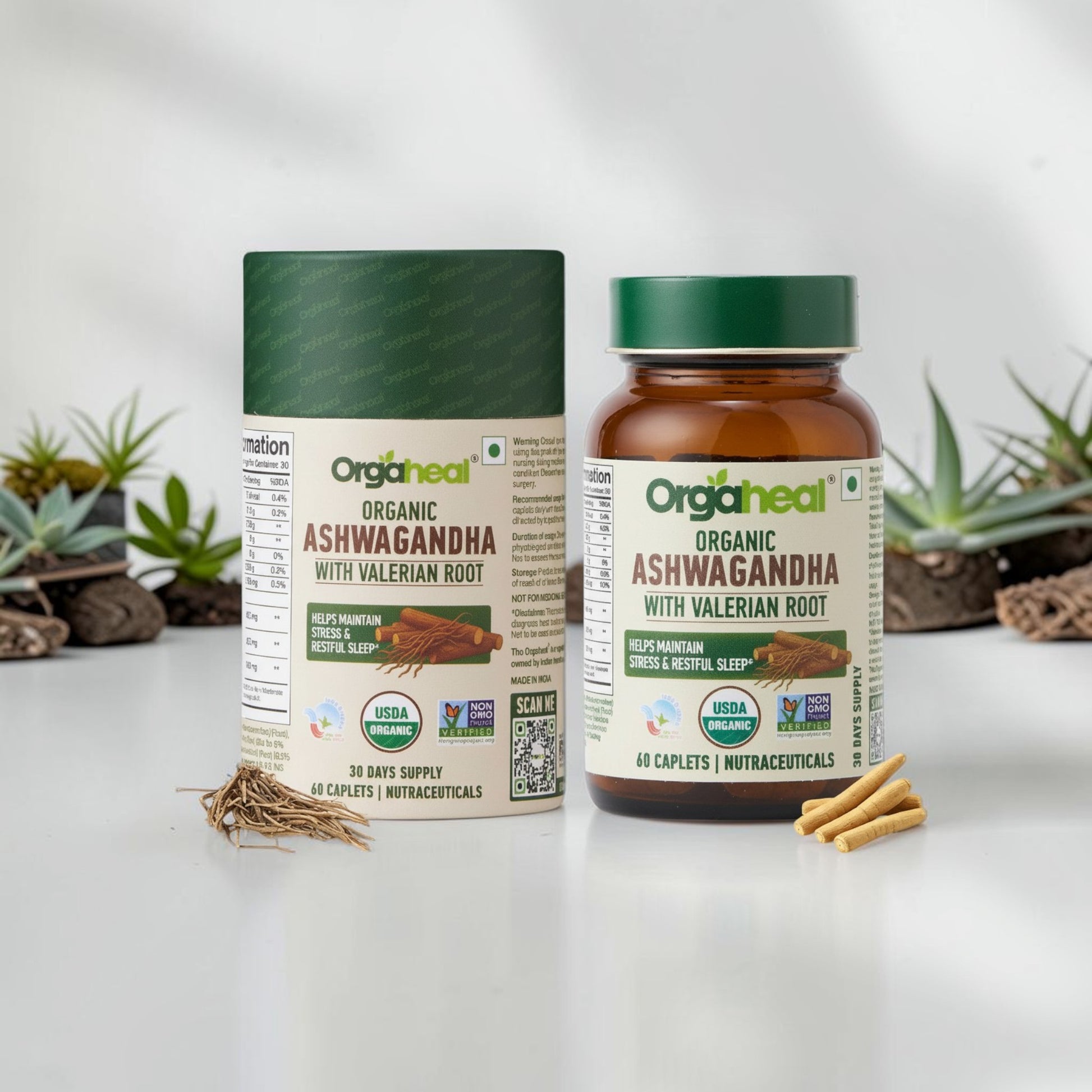 Orgaheal India Organic Ashwagandha with Valerian Root caplets for stress relief and restful sleep. USDA Organic.