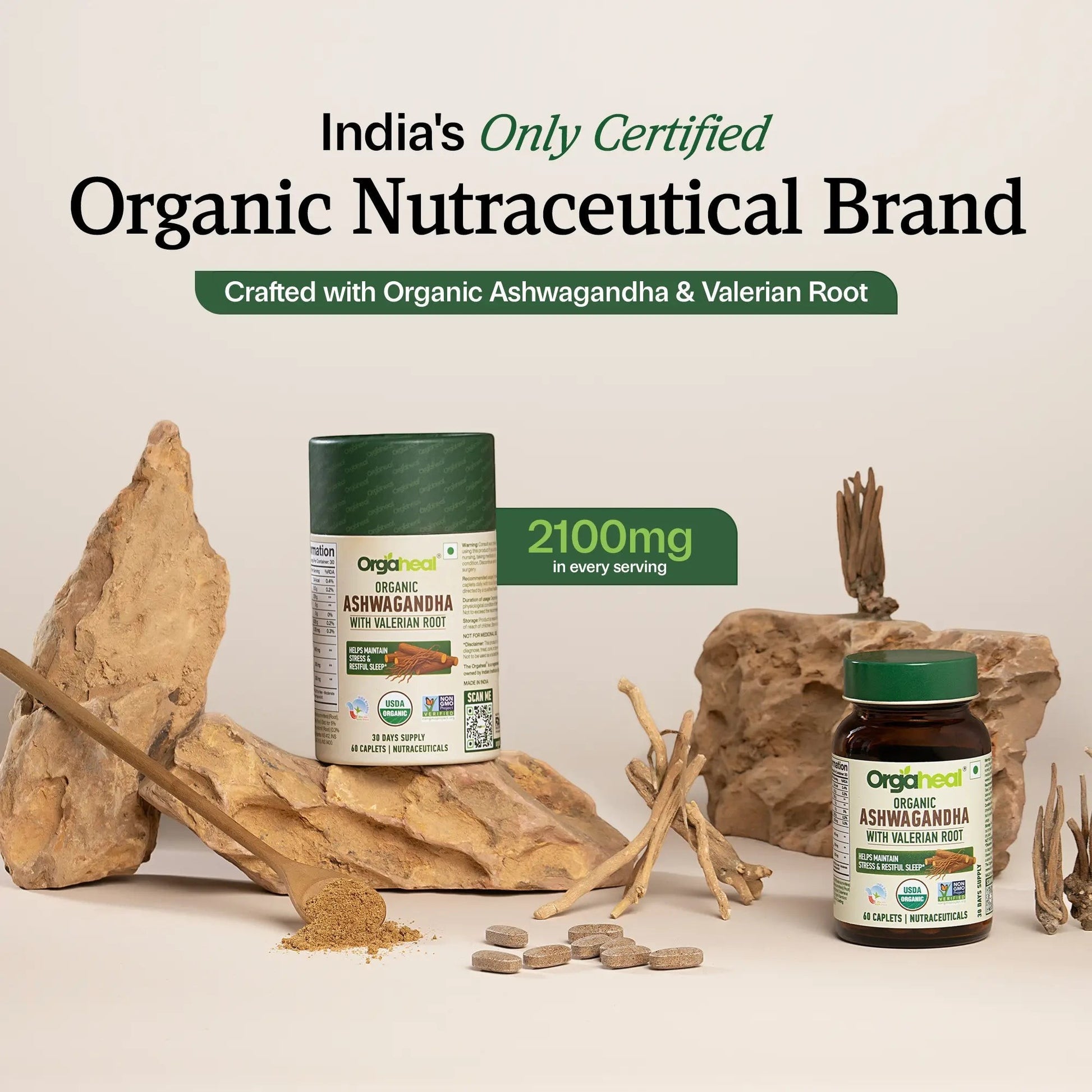 Orgaheal Organic Ashwagandha with Valerian Root caplets bottle and container, promoting stress relief and restful sleep.