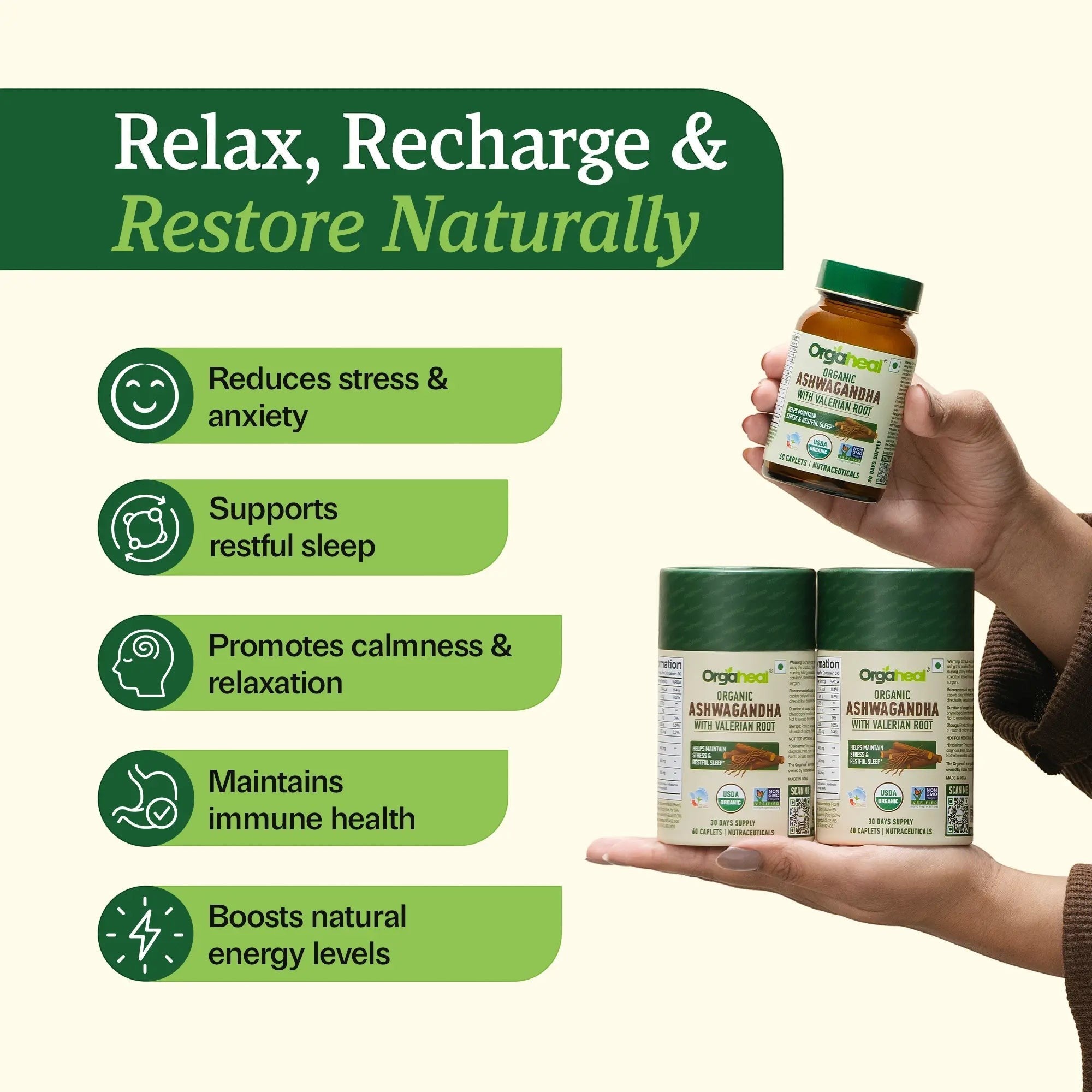 Orgaheal Organic Ashwagandha with Valerian Root caplets in a bottle and two canisters, promoting stress relief and sleep.