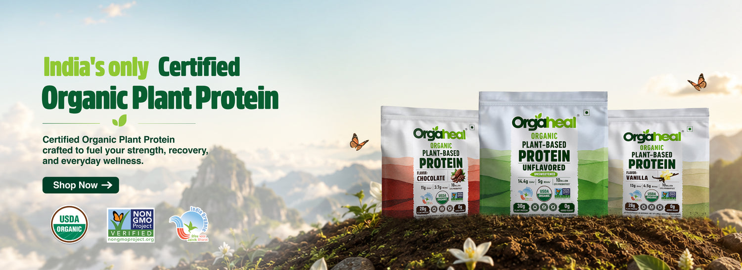 Orgaheal India's only USDA certified organic plant-based protein powder banner with chocolate, unflavored, and vanilla flavors